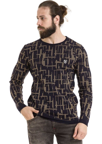 CP277 Yuvarlak Yaka Desenli Camel Kazak