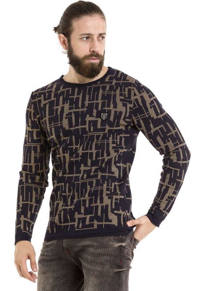 CP277 Yuvarlak Yaka Desenli Camel Kazak