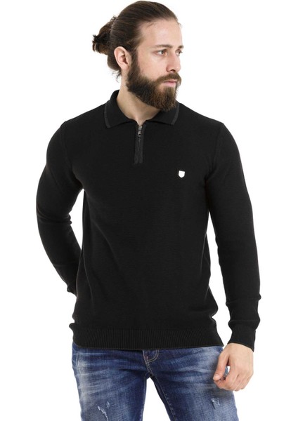 CP278 Polo Yaka Fermuarlı Siyah Kazak
