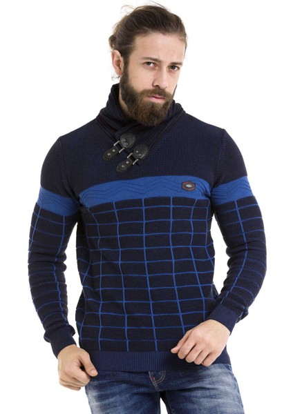 CP279 Şal Yaka Desenli Lacivert Kazak modelleri