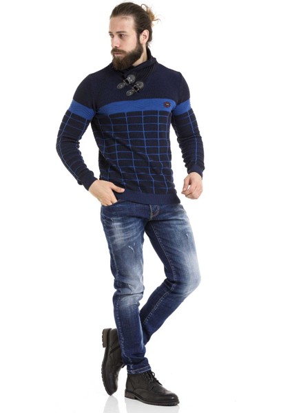 CP279 Şal Yaka Desenli Lacivert Kazak indirimleri