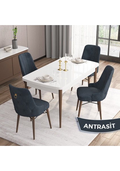 Concept Are Serisi, Beyaz Masa Ceviz Ayak Mdf 80X132 Açılabilir Mutfak Masa Takımı, 4 Sandalye Gold Halkalı