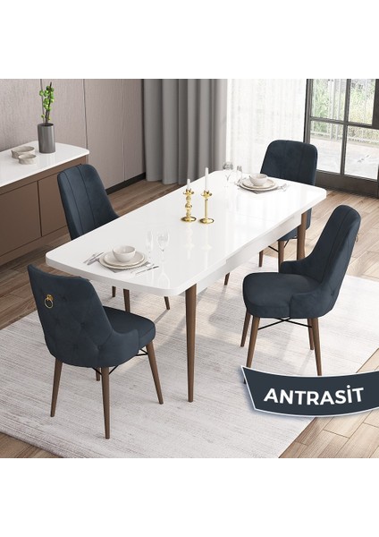 Concept Are Serisi, Beyaz Masa Ceviz Ayak Mdf 80X132 Açılabilir Mutfak Masa Takımı, 4 Sandalye Gold Halkalı