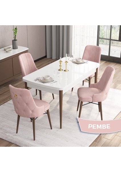 Concept Are Serisi, Beyaz Masa Ceviz Ayak Mdf 80X132 Açılabilir Mutfak Masa Takımı, 4 Sandalye Gold Halkalı