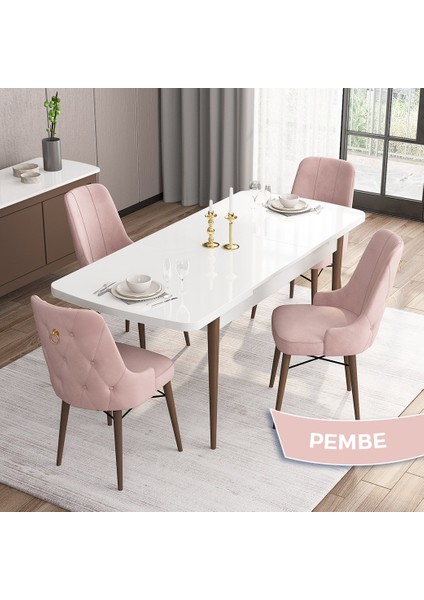 Concept Are Serisi, Beyaz Masa Ceviz Ayak Mdf 80X132 Açılabilir Mutfak Masa Takımı, 4 Sandalye Gold Halkalı fiyatları