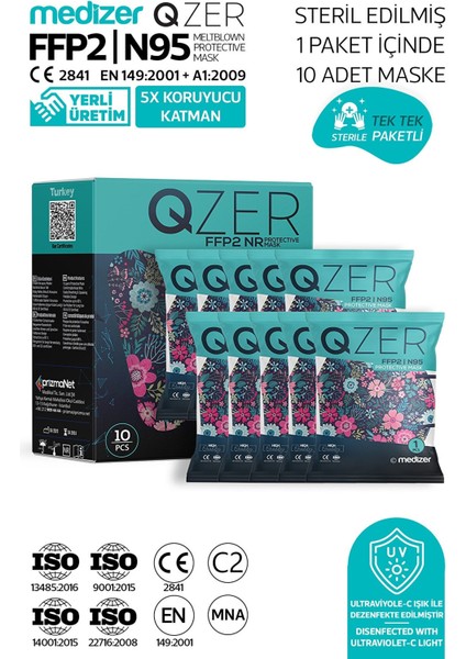 Qzer Blue Flos Desenli Ffp2 N95 Maske 5 Katmanlı