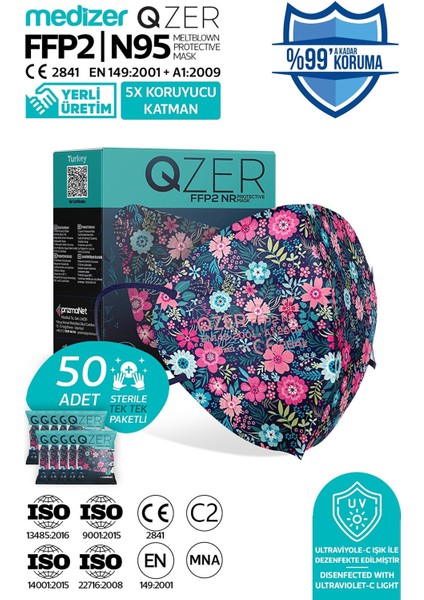 Qzer Blue Flos Desenli Ffp2 N95 Maske 5 Katmanlı