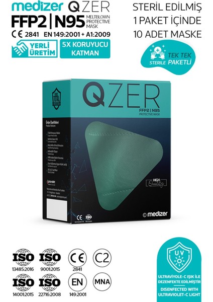 Qzer Yeşil Renk 5 Katmanlı Ffp2 N95 Maske