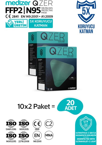 Qzer Yeşil Renk 5 Katmanlı Ffp2 N95 Maske