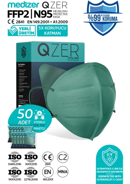 Qzer Yeşil Renk 5 Katmanlı Ffp2 N95 Maske