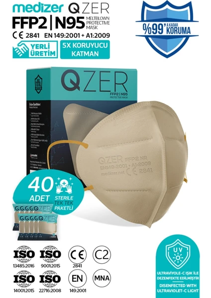 Qzer Krem Renk 5 Katmanlı Ffp2 N95 Maske