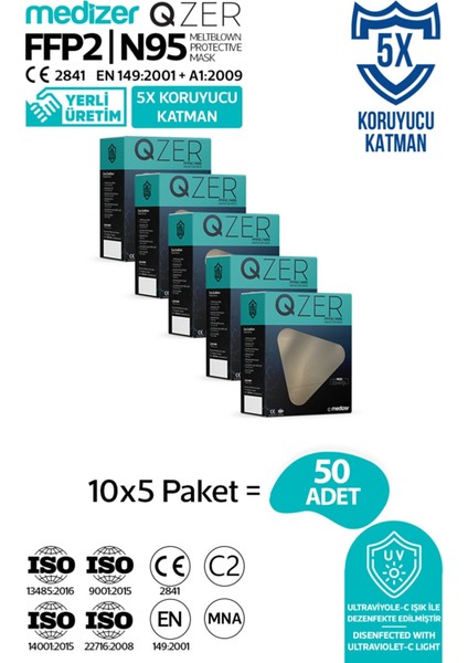 Qzer Krem Renk 5 Katmanlı Ffp2 N95 Maske