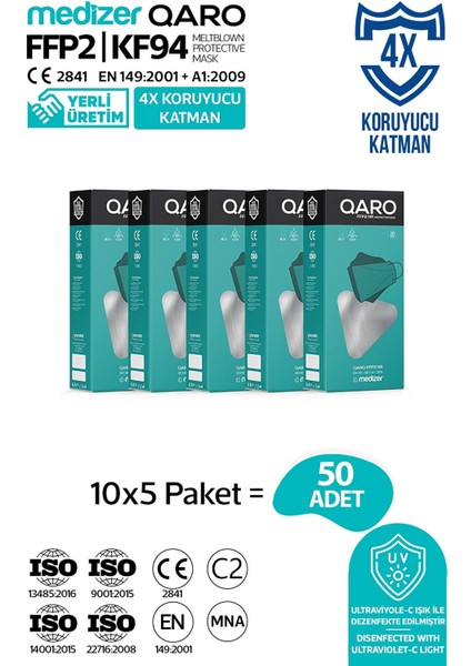 Qaro Beyaz Renk Kore Tipi KF94 Ffp2 Maske