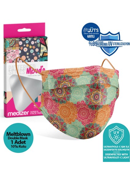 Mandala Desenli 3 Katlı Meltblown Kumaş Full Ultrasonik Cerrahi Ağız Maskesi Burun Telli