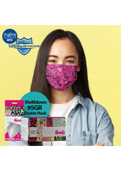 Peace Love Desen Meltblown Kumaş 3 Katlı Ultrasonik Cerrahi Ağız Maskesi Burun Telli modelleri