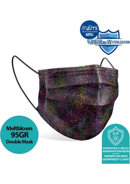 Black Brush Desenli Meltblown Kumaş Ultrasonik 3 Katlı Cerrahi Maske - Burun Telli