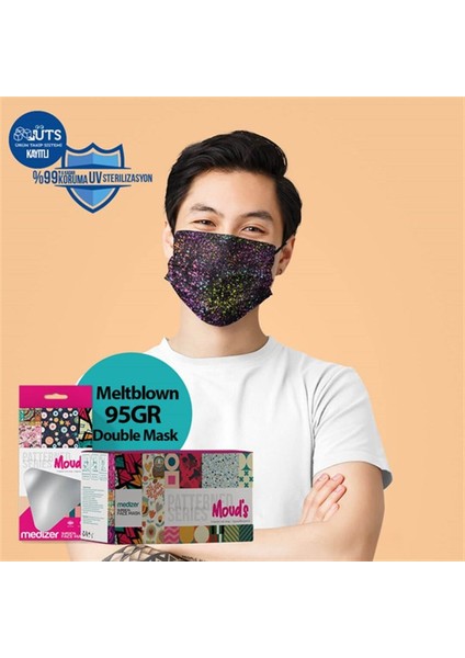 Black Brush Desenli Meltblown Kumaş Ultrasonik 3 Katlı Cerrahi Maske - Burun Telli