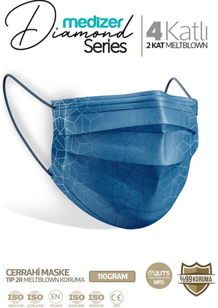 Diamond Serisi Desenli 4 Katlı Cerrahi Maske - Blue Shine fiyatları