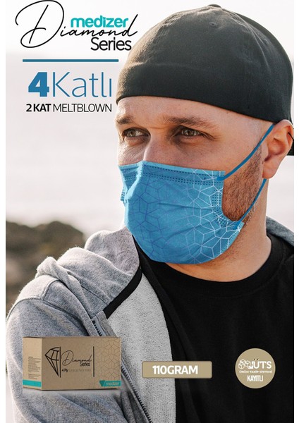Diamond Serisi Desenli 4 Katlı Cerrahi Maske - Blue Shine fırsatları