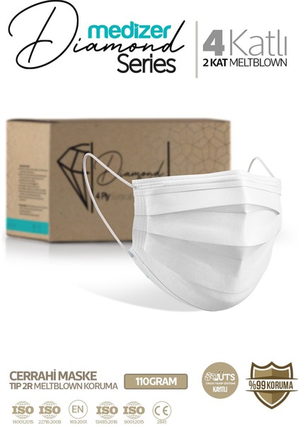 Diamond Serisi 4 Katlı Cerrahi Maske - Beyaz