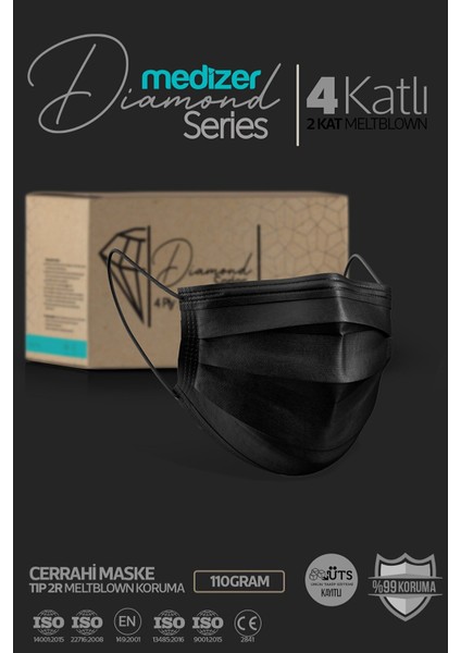 Diamond Serisi 4 Katlı Cerrahi Maske - Siyah