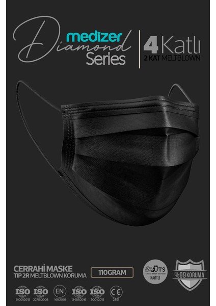 Diamond Serisi 4 Katlı Cerrahi Maske - Siyah fiyatları
