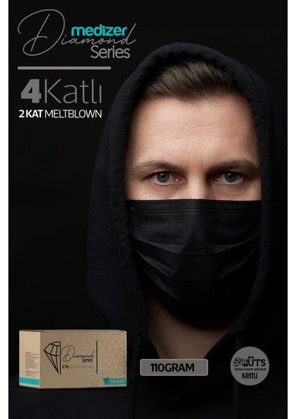 Diamond Serisi 4 Katlı Cerrahi Maske - Siyah indirimleri