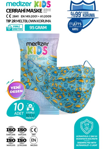 Meltblown Uzay Bilimi Desenli Cerrahi Çocuk Maskesi