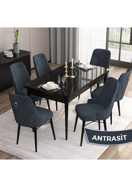 Concept Are Serisi, Mdf 80X132 Açılabilir Siyah Mermer Desen Mutfak Masa Takımı, 6 Sandalye Gold Halkalı