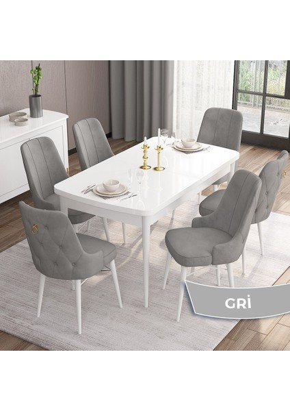 Concept Are Serisi, Mdf 80X132 Açılabilir Beyaz Mutfak Masa Takımı, 6 Sandalye Gold Halkalı