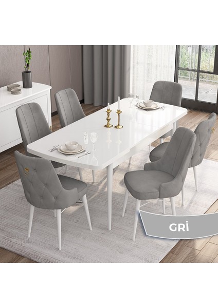 Concept Are Serisi, Mdf 80X132 Açılabilir Beyaz Mutfak Masa Takımı, 6 Sandalye Gold Halkalı fiyatları