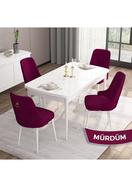 Concept Are Serisi, Mdf 80X132 Açılabilir Beyaz Mutfak Masa Takımı, 4 Sandalye Gold Halkalı