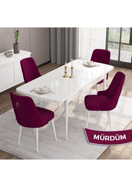 Concept Are Serisi, Mdf 80X132 Açılabilir Beyaz Mutfak Masa Takımı, 4 Sandalye Gold Halkalı fiyatları