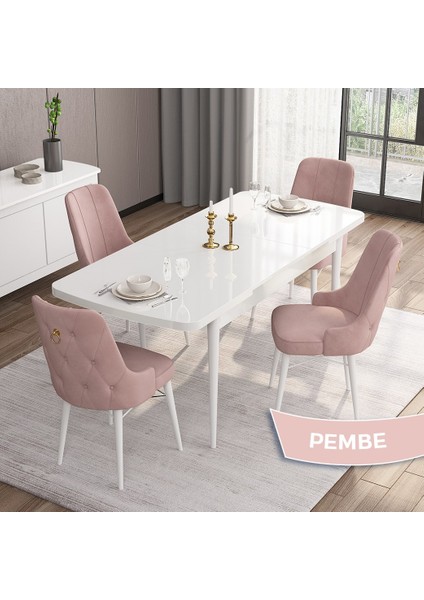 Concept Are Serisi, Mdf 80X132 Açılabilir Beyaz Mutfak Masa Takımı, 4 Sandalye Gold Halkalı fiyatları