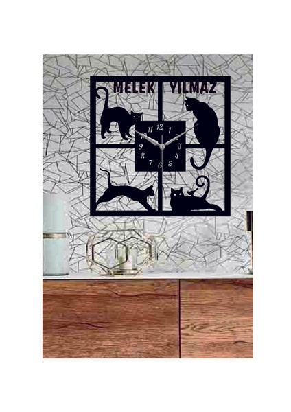 Kişiye Özel Kediler Temalı Dekoratif Ahşap Duvar Saati 50 x 50 cm