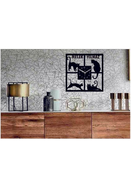 Kişiye Özel Kediler Temalı Dekoratif Ahşap Duvar Saati 50 x 50 cm