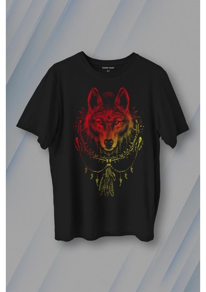 Bozkurt Kurt Kafası Wolf Sarı Kırmızı Baskılı Tişört T-Shirt