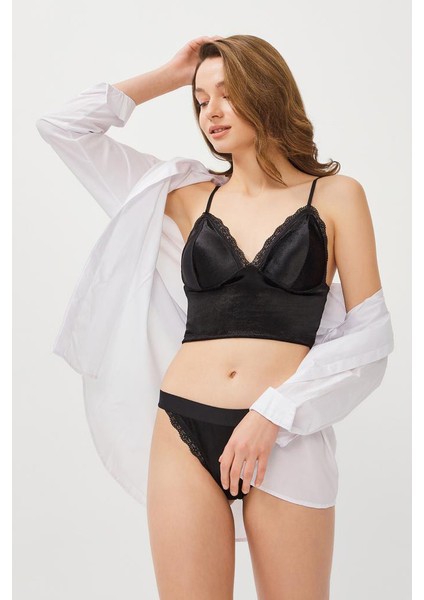 Siyah Kadife Dantel Detaylı Bralet Sütyen Külot Takımı modelleri