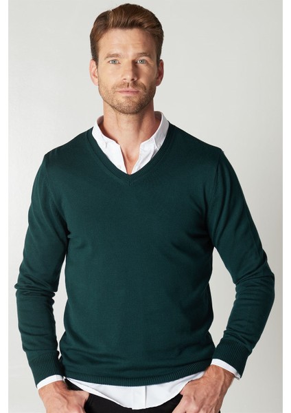 Slim Fit Dar Kesim V Yaka Pamuklu Erkek Kazak