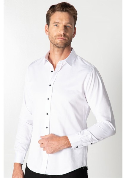 Slim Fit Uzun Kol Siyah Düğmeli Düz Erkek Beyaz Gömlek
