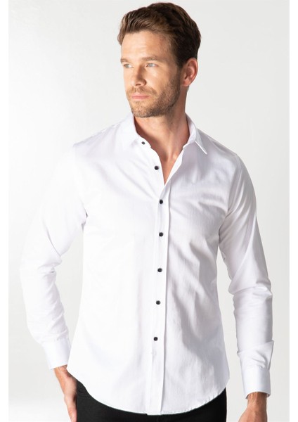Slim Fit Uzun Kol Siyah Düğmeli Düz Erkek Beyaz Gömlek fiyatları