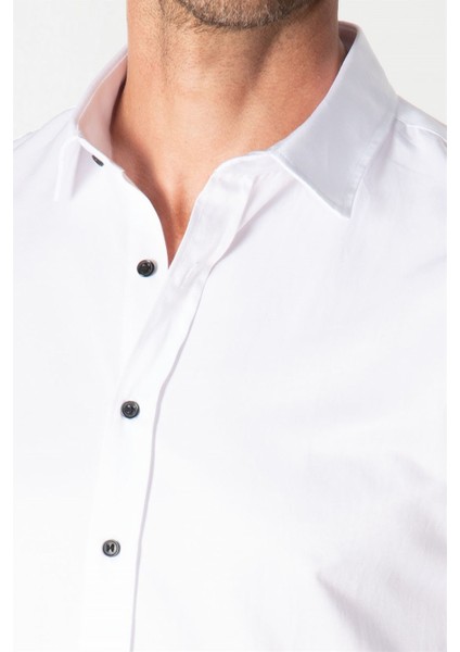 Slim Fit Uzun Kol Siyah Düğmeli Düz Erkek Beyaz Gömlek modelleri