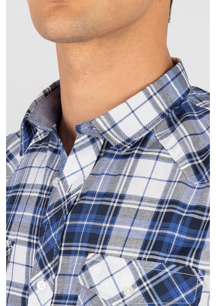 Slim Fit Kısa Kol Ekose Kapaklı Teksas Model Erkek Gömlek