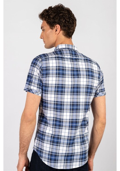 Slim Fit Kısa Kol Ekose Kapaklı Teksas Model Erkek Gömlek
