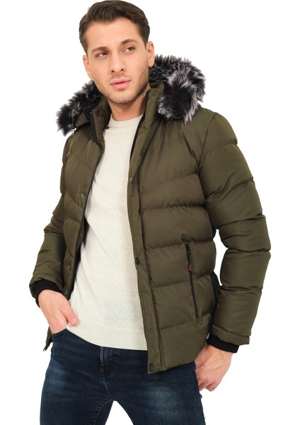 Erkek Haki Slim Fit Soğuk Geçirmez Kürklü Casual Mont modelleri