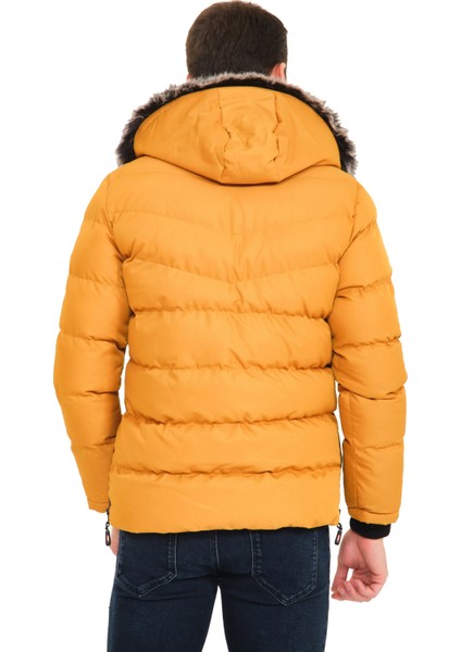 Erkek Sarı Slim Fit Soğuk Geçirmez Kürklü Casual Mont fiyatları