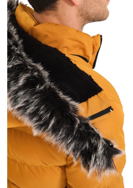 Erkek Sarı Slim Fit Soğuk Geçirmez Kürklü Casual Mont indirimleri