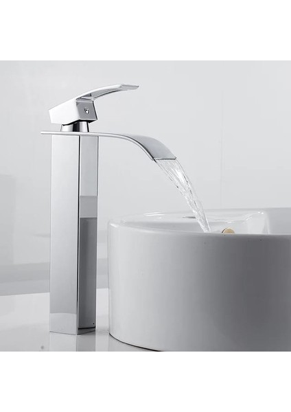 Krom Kare Çanak Lavabo Bataryası Oval Şelale Model Uzun/yüksek Gümüş Gri Lavabo Musluğu Çift Girişli