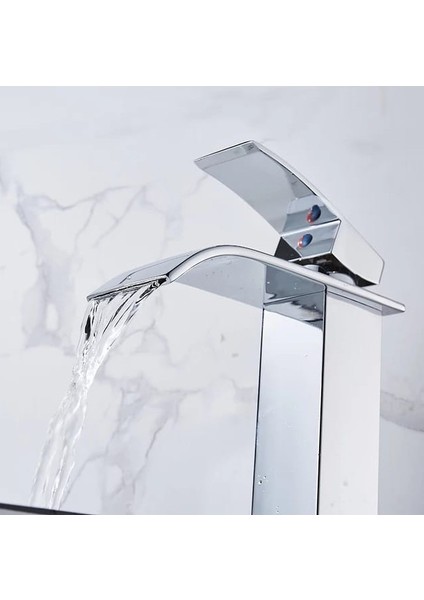 Krom Kare Çanak Lavabo Bataryası Oval Şelale Model Uzun/yüksek Gümüş Gri Lavabo Musluğu Çift Girişli