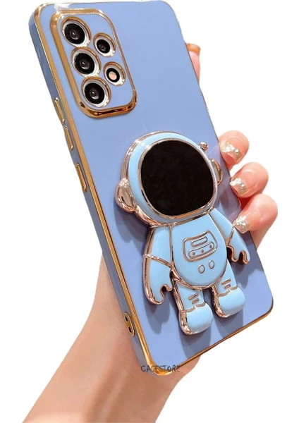 MTK Moveteck Samsung Galaxy A53 5g Uyumlu Kılıf Kamera Lens Korumalı Astronot Standlı 6d Sevimli Parlak Gold Kenarlı Altın Işlemeli Tarz Silikon Gezegen Uzay Yeni Moda Astronut